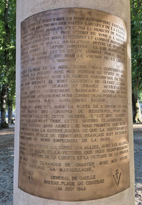 Discours du général de Gaulle à Bayeux / General de Gaulle’s Speech in Bayeux Marker - Reverse Side. Click for full size. Discours du général de Gaulle à Bayeux / General de Gaulle’s Speech in Bayeux Marker - Reverse Side image. Click for full size.