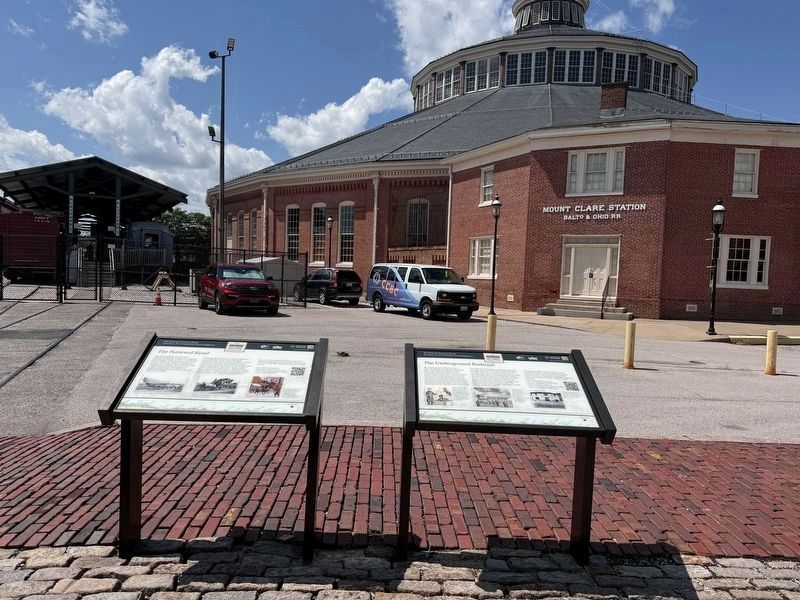 Historic National Road Markers at the parking lot of the B&O Railroad Museum. Click for full size. Historic National Road Markers at the parking lot of the B&O Railroad Museum image. Click for full size.