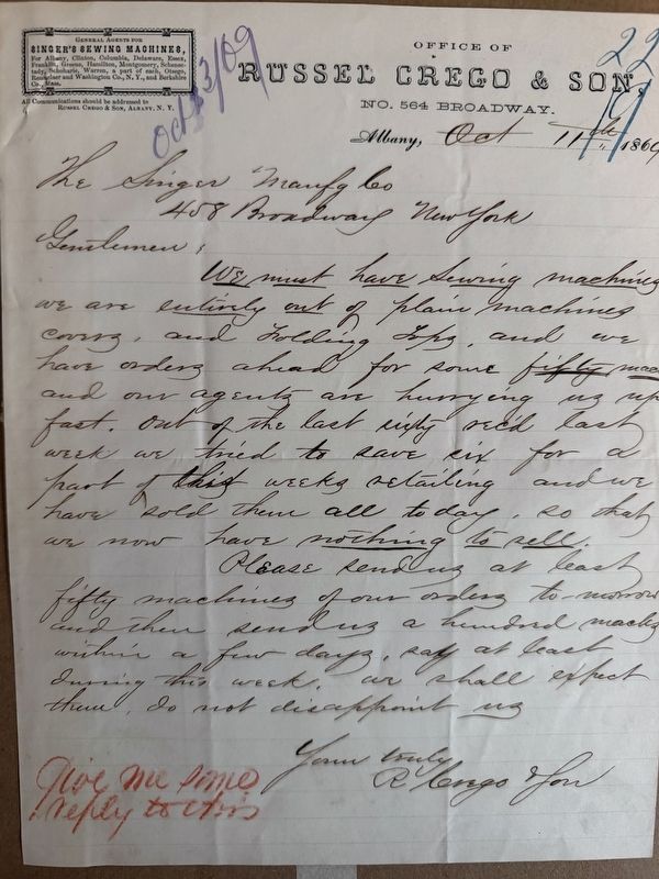 1869 Letter from Russel Crego requesting more sewing machine stock. Click for full size. 1869 Letter from Russel Crego requesting more sewing machine stock image. Click for full size.