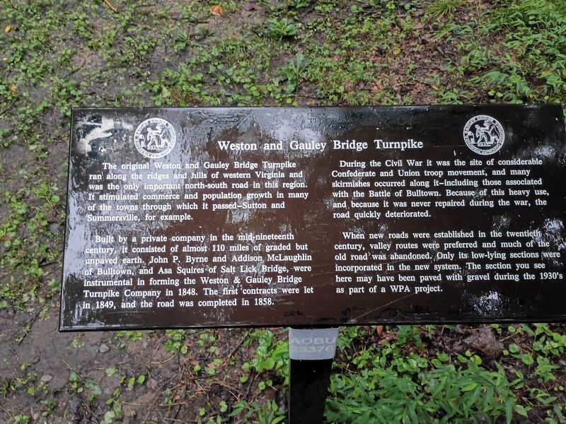 Weston and Gauley Bridge Turnpike Marker. Click for full size. Weston and Gauley Bridge Turnpike Marker image. Click for full size.