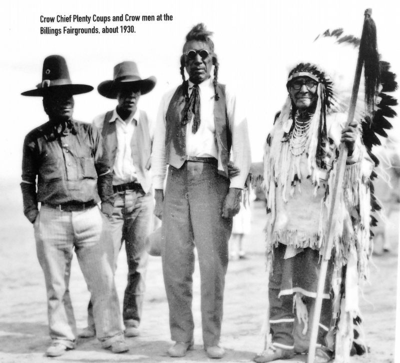 Marker detail: Crow Chief Plenty Coups and Crow men at the Billings Fairgrounds about 1930 image. Click for full size.