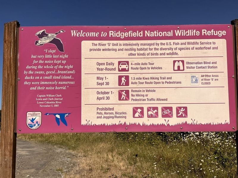 Welcome to Ridgefield National Wildlife Refuge Marker. Click for full size. Welcome to Ridgefield National Wildlife Refuge Marker image. Click for full size.