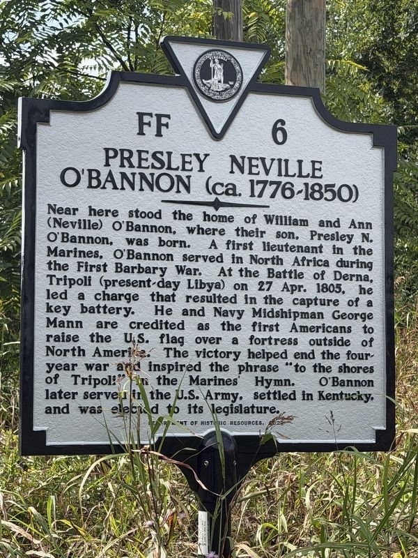 Birthplace of Lt. Presley Neville O’Bannon, USMC Marker. Click for full size. Birthplace of Lt. Presley Neville O’Bannon, USMC Marker image. Click for full size.