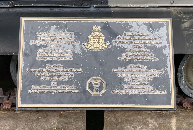 Prince Edward Island Regiment 140th Anniversary Commemoration Marker. Click for full size. Prince Edward Island Regiment 140th Anniversary Commemoration Marker image. Click for full size.