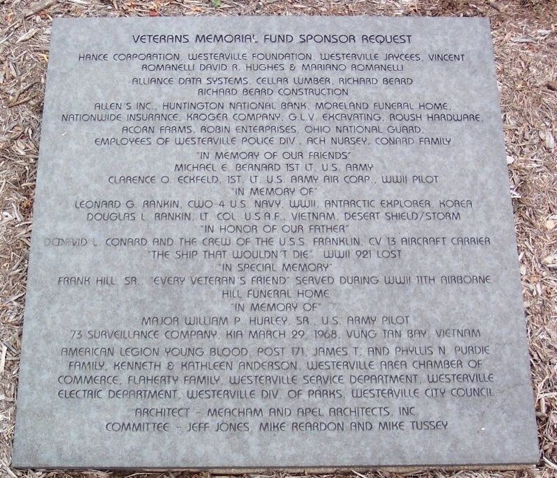 Westerville Veterans Memorial Fund Sponsors Marker. Click for full size. Westerville Veterans Memorial Fund Sponsors Marker image. Click for full size.