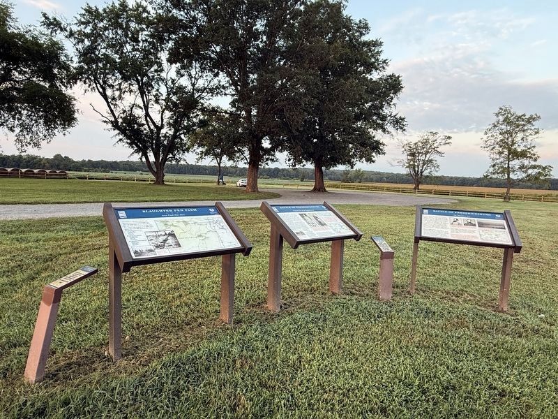 Several markers on display by the Slaughter Pen Farm Trail. Click for full size. Several markers on display by the Slaughter Pen Farm Trail image. Click for full size.