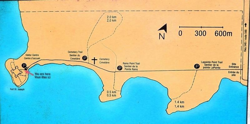 Marker detail: Fort St. Joseph NHS Site Map / Carte du LHN du Fort-St. Joseph. Click for full size. Marker detail: Fort St. Joseph NHS Site Map / Carte du LHN du Fort-St. Joseph image. Click for full size.