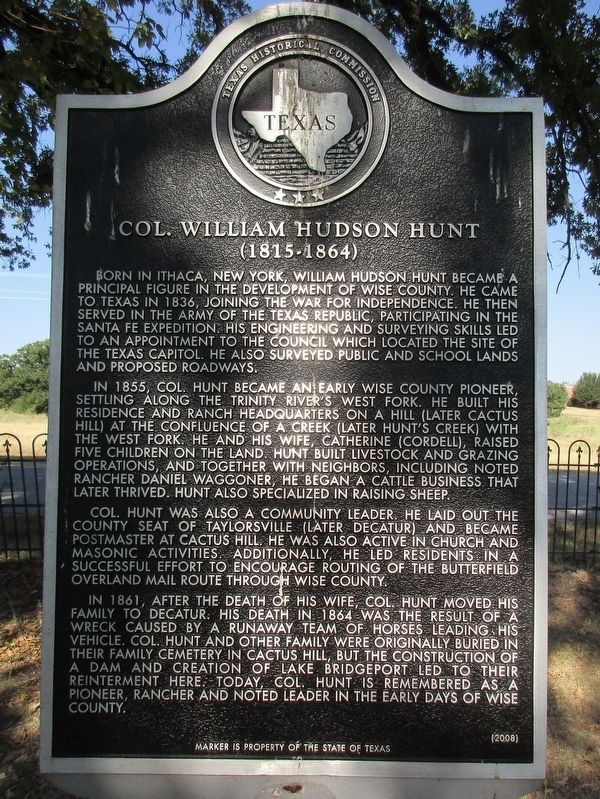 Col. William Hudson Hunt Marker image. Click for full size.