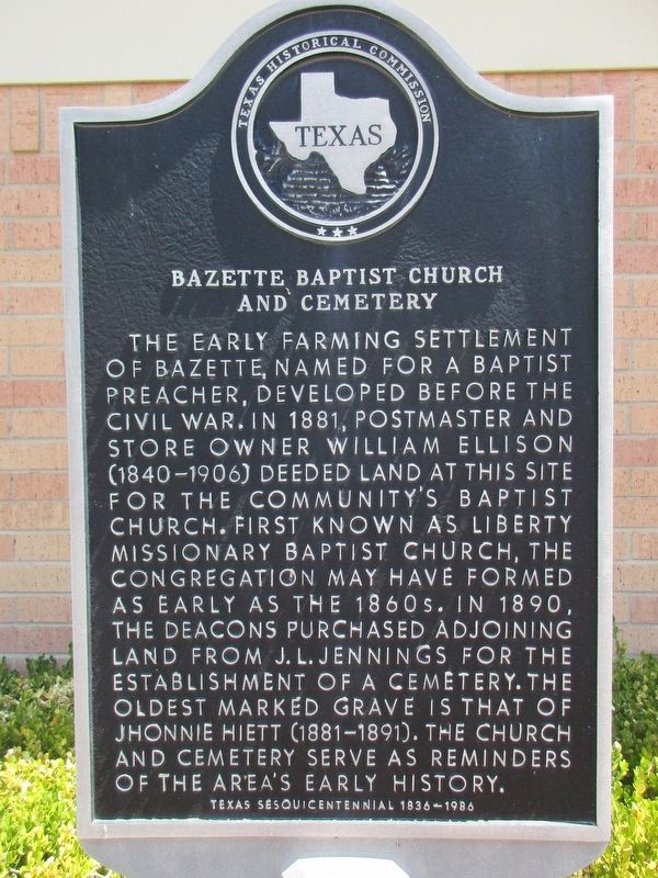 Bazette Baptist Church & Cemetery Marker. Click for full size. Bazette Baptist Church & Cemetery Marker image. Click for full size.