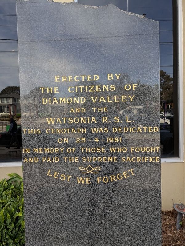 Diamond Valley and Watsonia R.S.L. War Memorial Marker. Click for full size. Diamond Valley and Watsonia R.S.L. War Memorial Marker image. Click for full size.