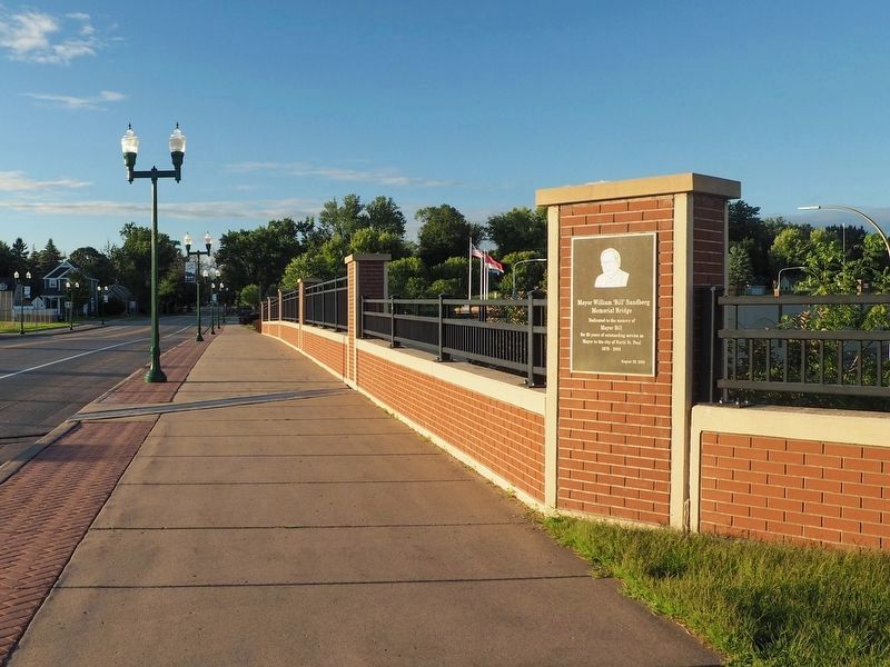 Marker (right) at the southeast end of the Mayor William 'Bill' Sandberg Memorial Bridge. Click for full size. Marker (right) at the southeast end of the Mayor William 'Bill' Sandberg Memorial Bridge image. Click for full size.