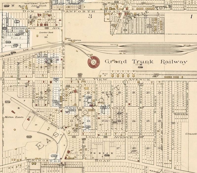 East Toronto on a 1899 fire insurance map. Click for full size. East Toronto on a 1899 fire insurance map image. Click for full size.
