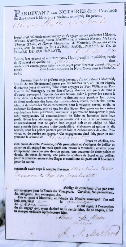 Marker detail: Engagement of Alexis Matte, to McTavish, McGillivrays for three years, 1815. Click for full size. Marker detail: Engagement of Alexis Matte, to McTavish, McGillivrays for three years, 1815 image. Click for full size.