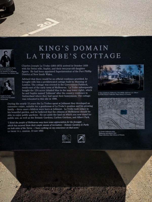 King's Domain - La Trobe's Cottage Marker. Click for full size. King's Domain - La Trobe's Cottage Marker image. Click for full size.