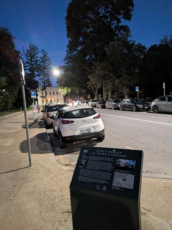 King's Domain - La Trobe's Cottage Marker along Birdwood Avenue. Click for full size. King's Domain - La Trobe's Cottage Marker along Birdwood Avenue image. Click for full size.