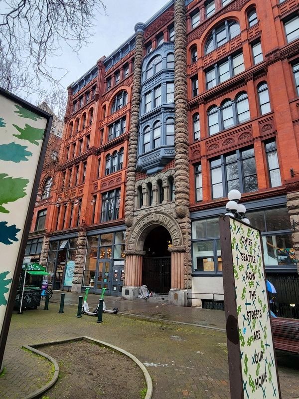 Pioneer Building, Pergola and Totem Pole Marker. Click for full size. Pioneer Building, Pergola and Totem Pole Marker image. Click for full size.