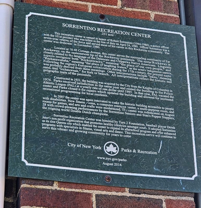 Sorrentino Recreation Center Marker. Click for full size. Sorrentino Recreation Center Marker image. Click for full size.