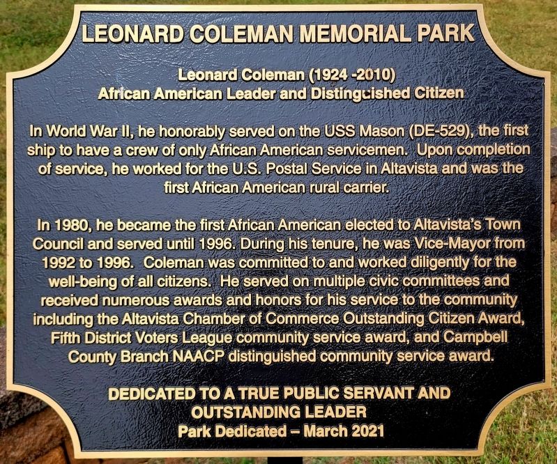 Leonard Coleman Memorial Park Marker. Click for full size. Leonard Coleman Memorial Park Marker image. Click for full size.
