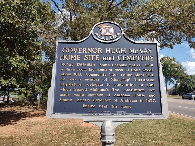 Governor Hugh McVay Home Site and Cemetery Marker. Click for full size. Governor Hugh McVay Home Site and Cemetery Marker image. Click for full size.