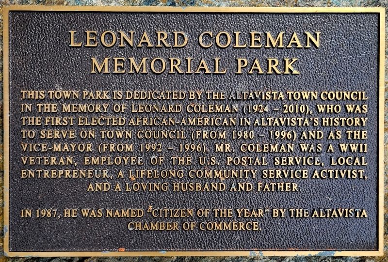 Leonard Coleman Memorial Park Marker. Click for full size. Leonard Coleman Memorial Park Marker image. Click for full size.