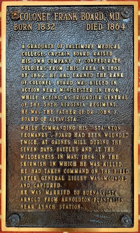 Colonel Frank Board, MD Marker. Click for full size. Colonel Frank Board, MD Marker image. Click for full size.
