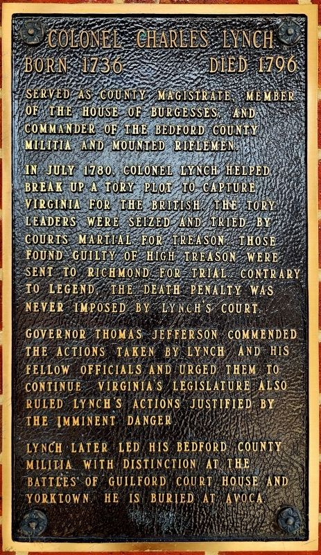 Colonel Charles Lynch Marker. Click for full size. Colonel Charles Lynch Marker image. Click for full size.