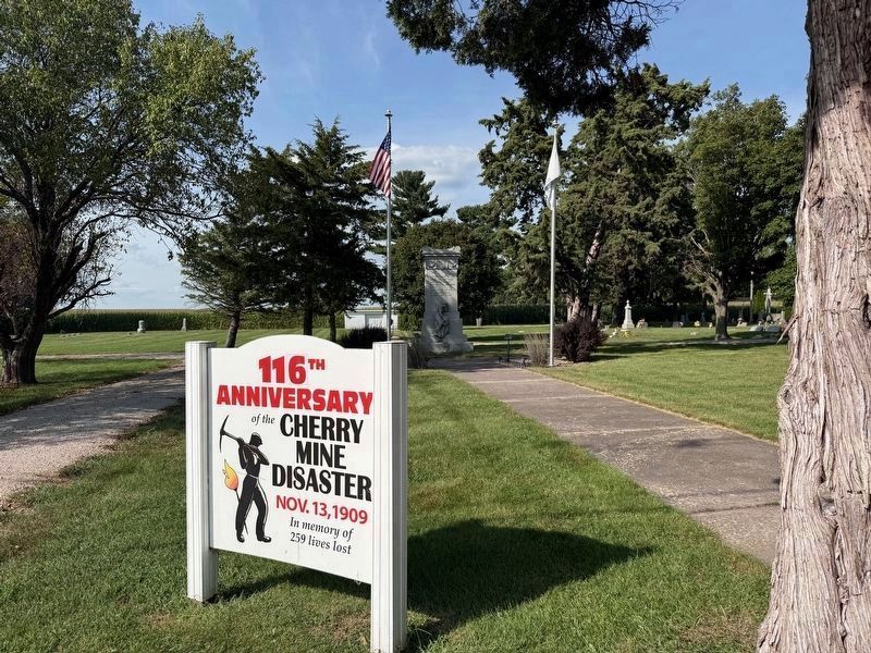 U.M.W. Cherry Mine Disaster Memorial & Anniversary Sign. Click for full size. U.M.W. Cherry Mine Disaster Memorial & Anniversary Sign image. Click for full size.