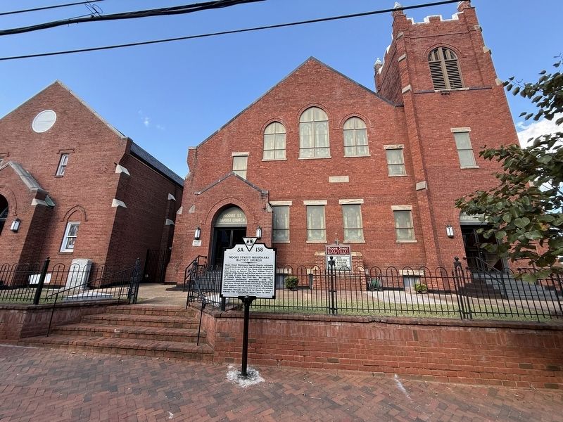 Moore Street Baptist Church Marker in front of the church building. Click for full size. Moore Street Baptist Church Marker in front of the church building image. Click for full size.