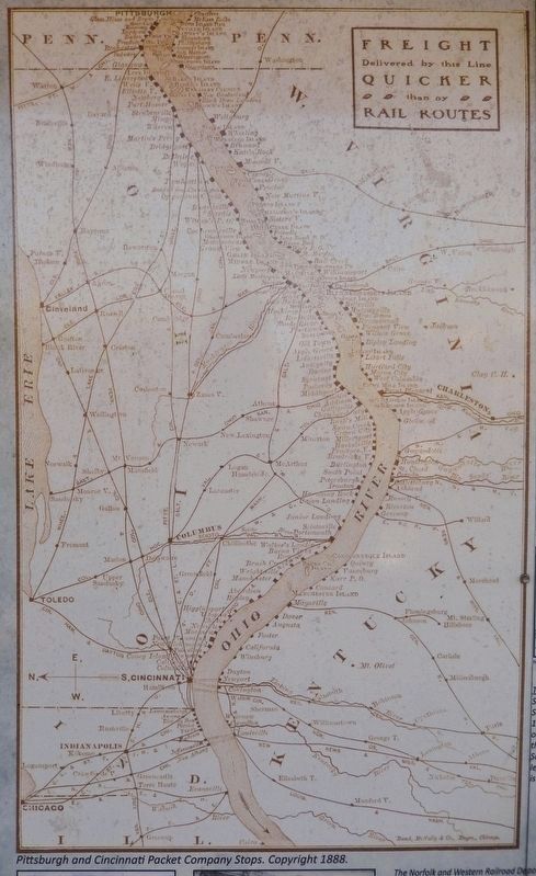 Marker detail: Pittsburgh and Cincinnati Packet Company Stops, ©1888. Click for full size. Marker detail: Pittsburgh and Cincinnati Packet Company Stops, ©1888 image. Click for full size.