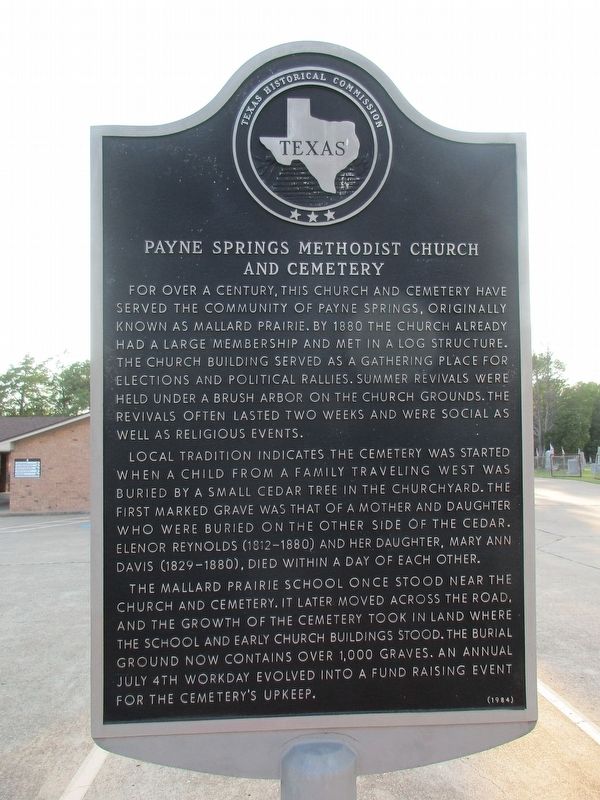 Payne Springs Methodist Church and Cemetery Marker. Click for full size. Payne Springs Methodist Church and Cemetery Marker image. Click for full size.