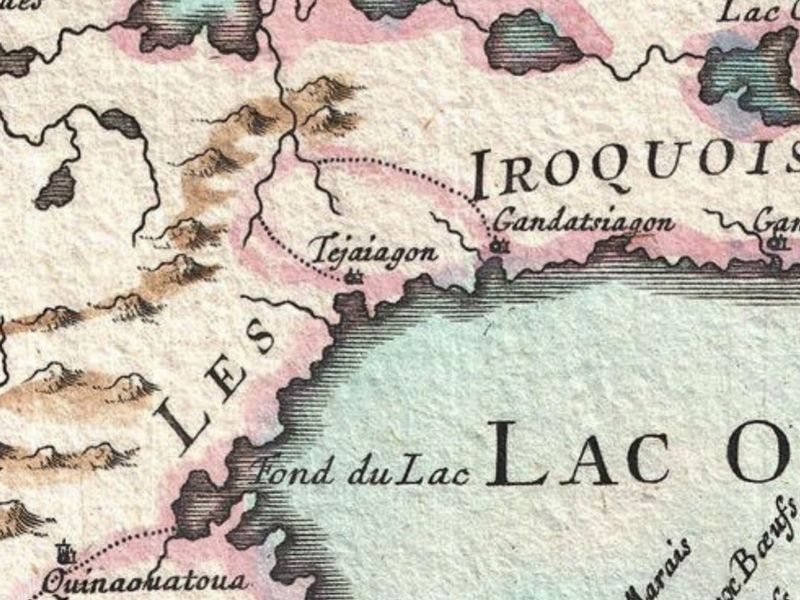 The village of Teiaiagon, on the 1755 Bellin map of New France image. Click for full size.
