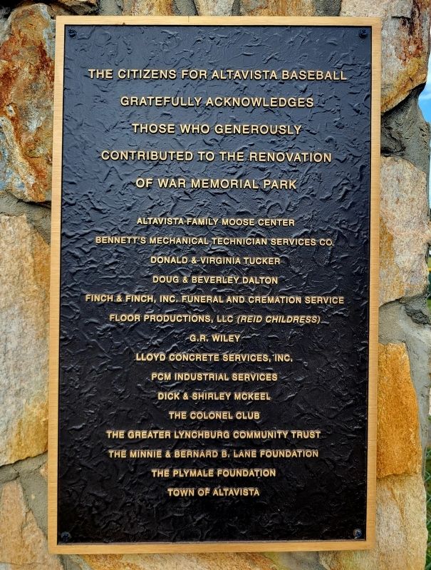 War Memorial Park Donor Plaque. Click for full size. War Memorial Park Donor Plaque image. Click for full size.