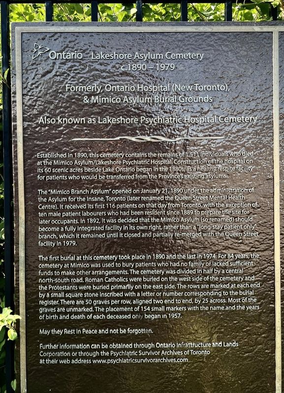 Lakeshore Asylum Cemetery c.1890-1979 side of marker. Click for full size. Lakeshore Asylum Cemetery c.1890-1979 side of marker image. Click for full size.