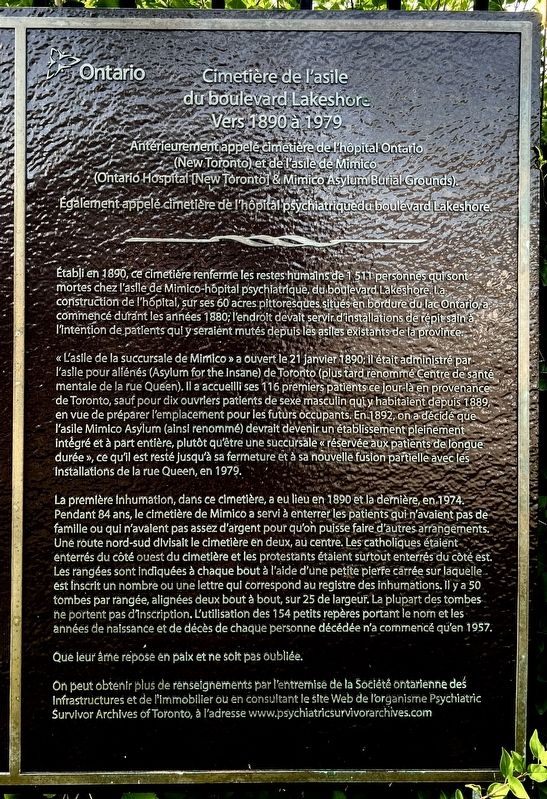 Cimetière de l'asile du boulevard Lakeshore Vers 1890 a 1979 side of marker. Click for full size. Cimetière de l'asile du boulevard Lakeshore Vers 1890 a 1979 side of marker image. Click for full size.