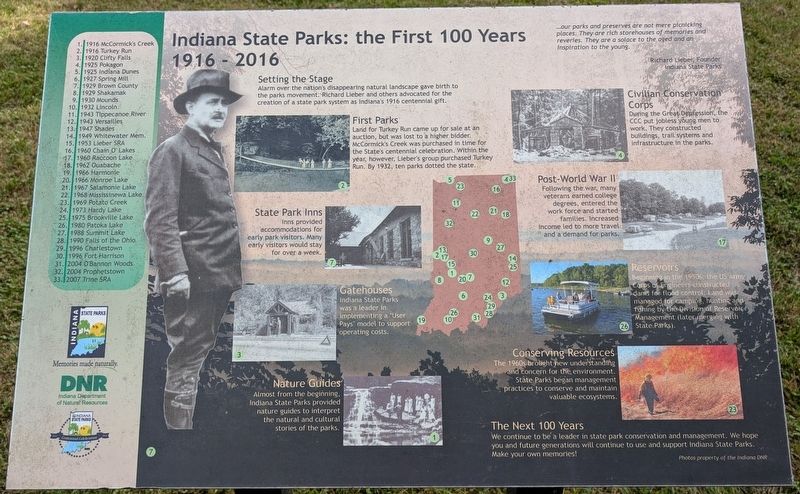 Indiana State Parks: the First 100 Years 1916-2016 Marker image. Click for full size.