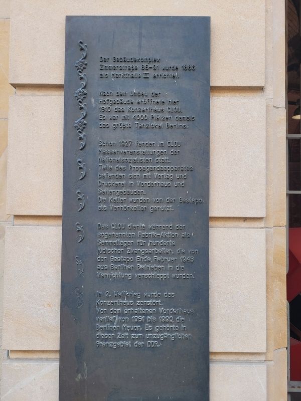 Konzerthaus Clou und die Gestapo / Clou Concert Hall and the Gestapo Marker. Click for full size. Konzerthaus Clou und die Gestapo / Clou Concert Hall and the Gestapo Marker image. Click for full size.