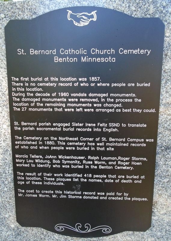 St. Bernard Catholic Church Cemetery History Marker. Click for full size. St. Bernard Catholic Church Cemetery History Marker image. Click for full size.