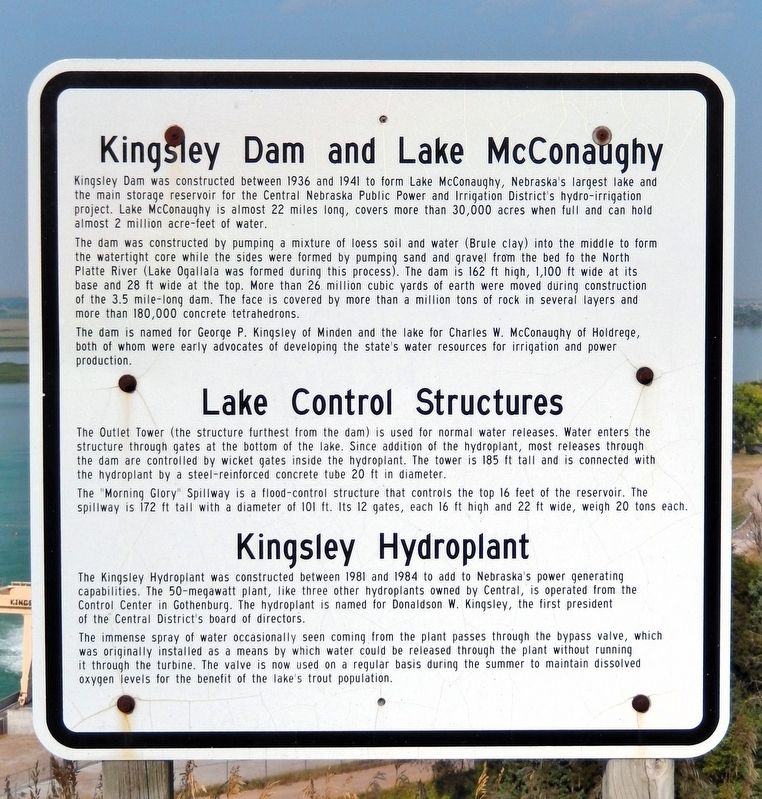 Kingsley Dam and Lake McConaughy / Lake Control Structures / Kingsley Hydroplant Marker image. Click for full size.