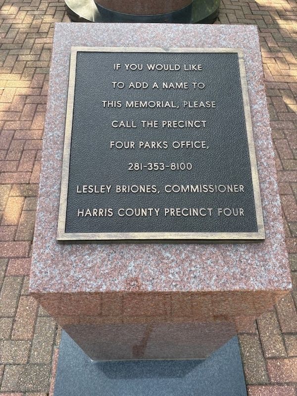 Harris County War Memorial: Plaque about adding names. Click for full size. Harris County War Memorial: Plaque about adding names image. Click for full size.