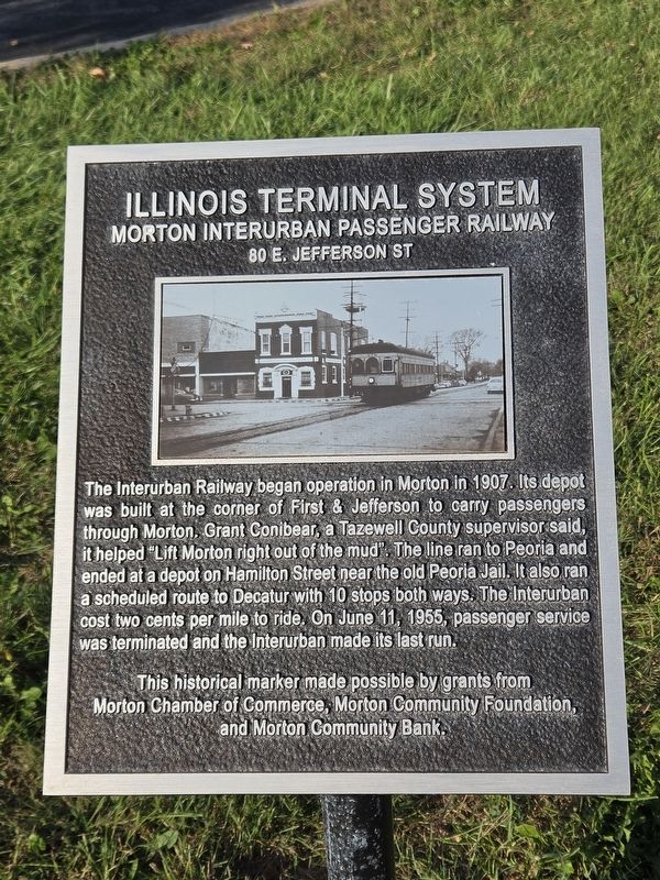 Illinois Terminal System Morton Interurban Passenger Railway Marker. Click for full size. Illinois Terminal System Morton Interurban Passenger Railway Marker image. Click for full size.