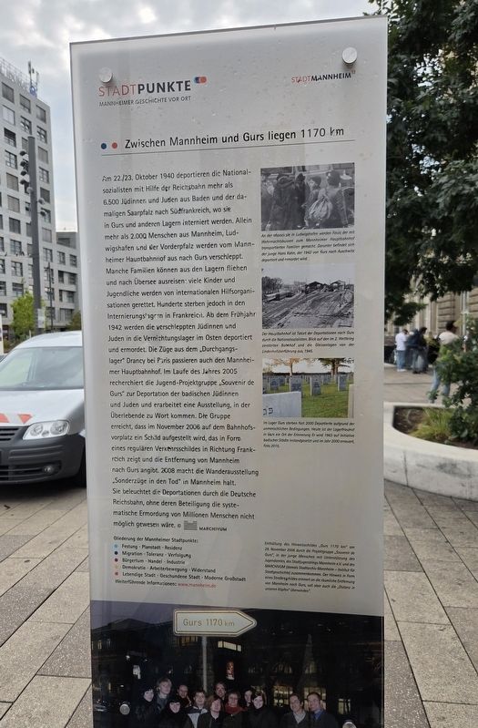 Zwischen Mannheim und Gurs liegen 1170 km / Mannheim and Gurs Are 1,170 Kilometers Apart Marker. Click for full size. Zwischen Mannheim und Gurs liegen 1170 km / Mannheim and Gurs Are 1,170 Kilometers Apart Marker image. Click for full size.