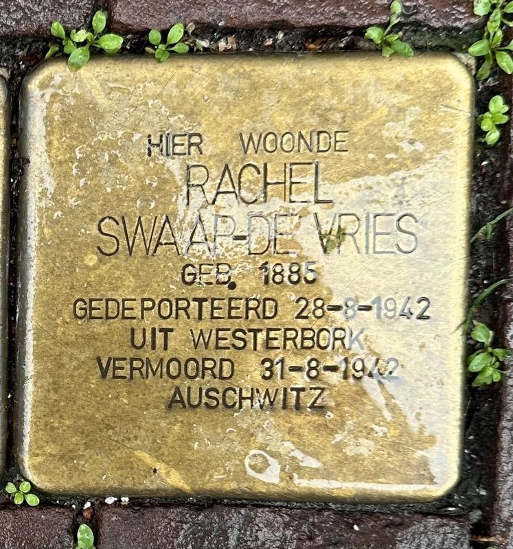 Rachel Swaap - de Vries stolperstein. Click for full size. Rachel Swaap - de Vries stolperstein image. Click for full size.