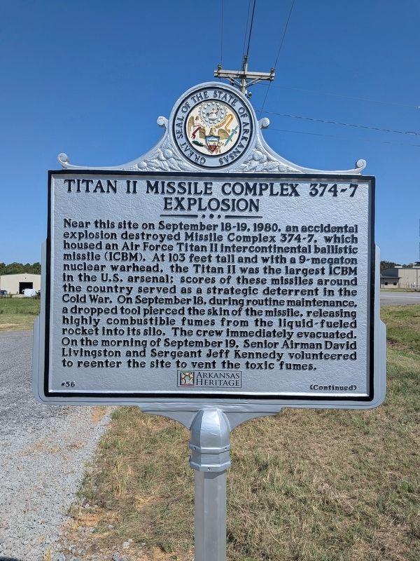 Titan II Missile Complex 374-7 Explosion Marker, Side One. Click for full size. Titan II Missile Complex 374-7 Explosion Marker, Side One image. Click for full size.