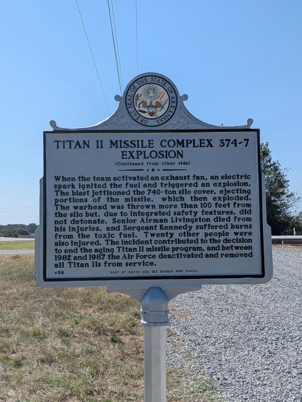 Titan II Missile Complex 374-7 Explosion Marker, Side Two. Click for full size. Titan II Missile Complex 374-7 Explosion Marker, Side Two image. Click for full size.