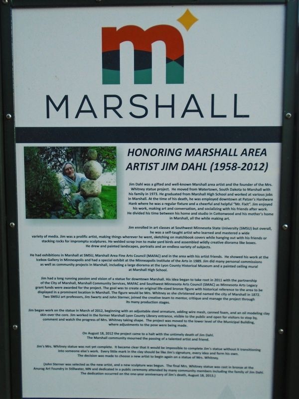 Honoring Marshall Area Artist Jim Dahl Marker. Click for full size. Honoring Marshall Area Artist Jim Dahl Marker image. Click for full size.