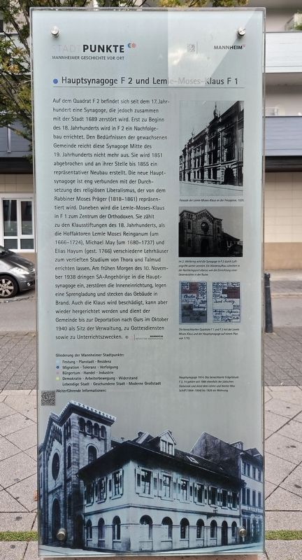 Hauptsynagoge F 2 und Lemle-Moses-Klaus F 1 / Main Synagogue F 2 and Lemle Moses Klaus F 1 Marker. Click for full size. Hauptsynagoge F 2 und Lemle-Moses-Klaus F 1 / Main Synagogue F 2 and Lemle Moses Klaus F 1 Marker image. Click for full size.