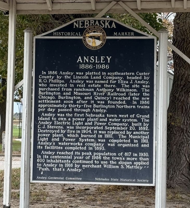 Ansley 1886-1986 Marker. Click for full size. Ansley 1886-1986 Marker image. Click for full size.