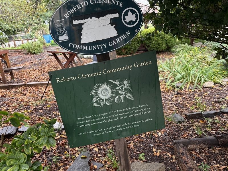 Adjacent signage about Roberto Clemente Community Garden. Click for full size. Adjacent signage about Roberto Clemente Community Garden image. Click for full size.