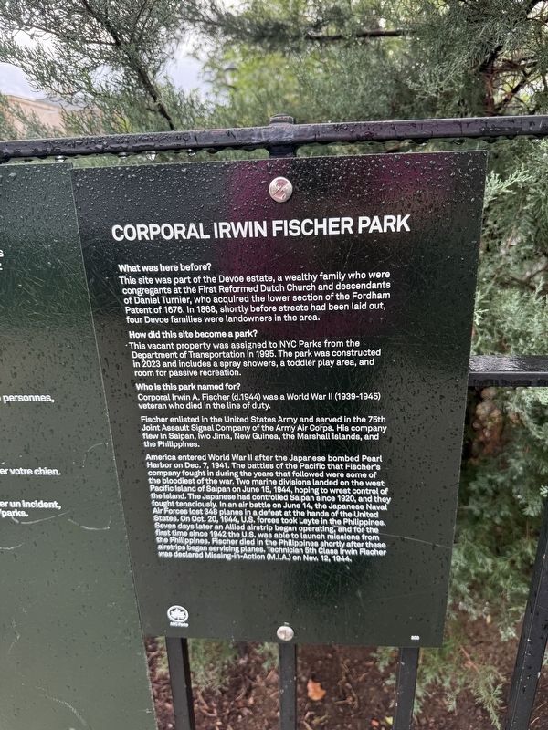 Corporal Irwin Fischer Park Marker. Click for full size. Corporal Irwin Fischer Park Marker image. Click for full size.