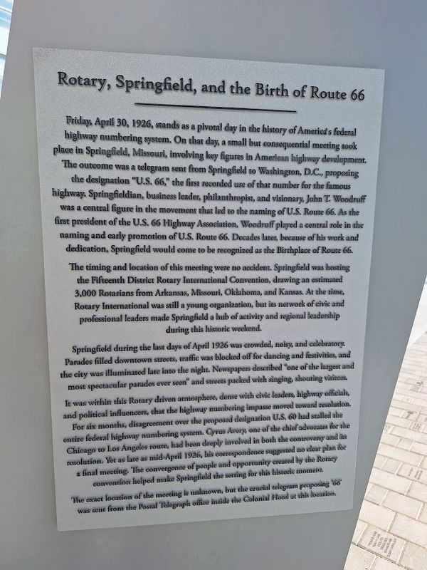 Rotary, Springfield, and the Birth of Route 66 Marker. Click for full size. Rotary, Springfield, and the Birth of Route 66 Marker image. Click for full size.